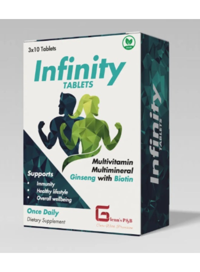Vegan Glenn’s Infinity Multivitamin & Multimineral Tablets with Ginseng & Biotin – Daily Energy, Immunity & Hair-Skin Support, 30 Tablets - Image 1